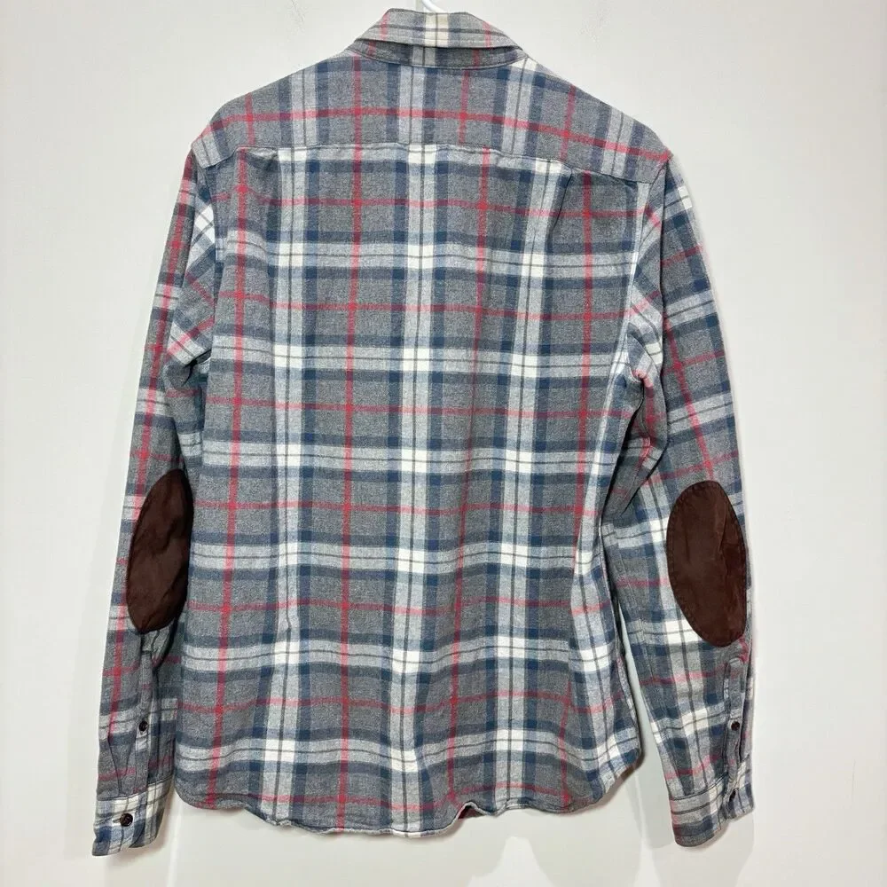 J Crew Men Plaid Flannel Button Down Shirt M Cotton Elbow Patch Dad Preppy Cabin